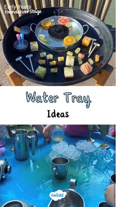 Simple yet so much learning with these fun water tray ideas. Lovely water play eyfs thanks to @missgeyfs @tinytotschildminding Reception Water Tray Ideas, Water Tray Play Ideas, Early Years Water Tray Ideas, Simple Eyfs Activities, Role Play Tuff Tray, Messy Play Eyfs Activities, Outdoor Water Tray Ideas Eyfs, Water Activities Eyfs, Tuff Tray Water Play