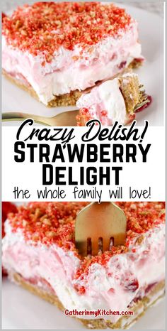 Enjoy an easy summer dessert with this Strawberry Delight recipe. Layered with graham crackers, strawberries, and creamy filling, it's a delightful no bake treat. Strawberry Cream Cheese Dessert, Eclairs Dessert, Cracker Dessert