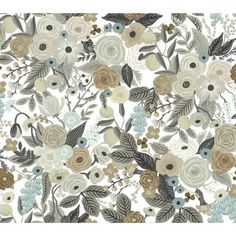 a floral wallpaper with many different flowers and leaves on white, blue, beige and grey colors