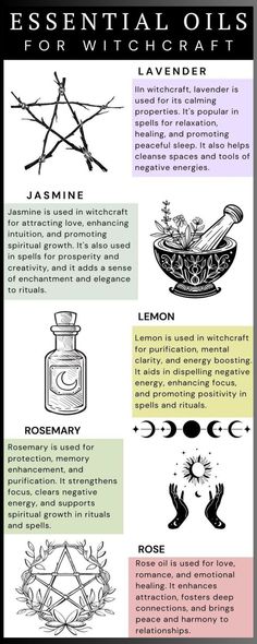 In witchcraft, essential oils have many uses. Frankincense and rosemary are used for protection. Lemon and eucalyptus aid in cleansing. For love spells, rose and vanilla are popular. Orange and bergamot uplift mood, while patchouli and lemongrass help with grounding. Lavender adds relaxation and calm. Essential Oils In Witchcraft, Best Herbs For Witchcraft, Cleansing Oil Witchcraft, Reversal Oil Recipe Witchcraft, Protective Oils Witchcraft, Protection Oils Witchcraft, Lemon In Witchcraft, Love Spell Tattoo, Energy Cleansing Spell