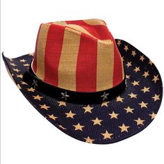 Vintage Usa Patriotic Straw Cowboy Hat Shapeable Red Patriotic Summer Hat, 4th Of July Beach Cap, Patriotic Red Hat For Beach, Patriotic Red Beach Hat, Red Patriotic Beach Hat, Casual Adjustable Hats For 4th Of July, Patriotic Beach Hat For 4th Of July, Patriotic Hat For Beach On 4th Of July, Patriotic 4th Of July Beach Hat