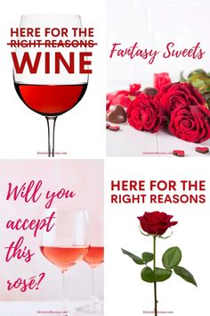 four different images with wine and roses in the middle one is for valentine's day