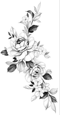 a black and white drawing of flowers on a white background, with leaves in the foreground