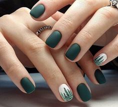 Forest Green Nail Ideas Short, Simple January Nails Acrylic, Everyday Nail Art Designs, Nails With Plants Design, Tree Nails Designs, Green Nails Winter, Rustic Christmas Nails, Green And White Winter Nails