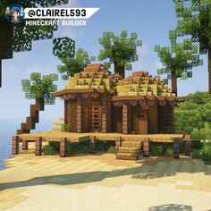 an image of a small house in the middle of some trees and rocks with text that reads minecraft builder