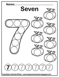 the number seven coloring page with apples and numbers for children to color, in black and white