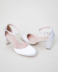 Satin Wedding Shoes With 4-inch Heel, Ankle Strap Heels For Prom, Satin Round Toe Wedding Shoes For Spring, Spring Wedding Shoes With Satin And Round Toe, White Satin Wedding Shoes With Pointed Toe, Satin Closed-toe Wedding Shoes, Spring Wedding Satin Shoes With Round Toe, Summer Wedding Satin Shoes, Elegant Satin Wedding Shoes