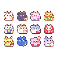 pixel art with different types of cats and kittens on them, all in different colors