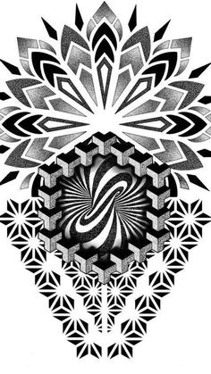 an artistic black and white drawing of a flower with geometric shapes in the center, on a