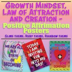 the poster for growth minds, law of attraction and creation posters is shown in three different colors