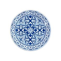 a blue and white plate with an intricate design