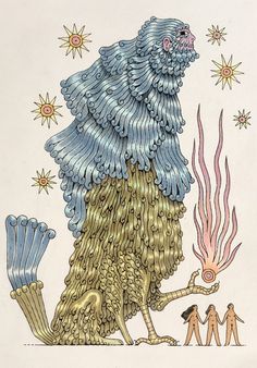 an illustration of a creature with long hair and two small people standing in front of it