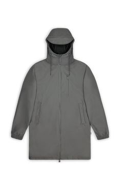 Long Storm Breaker is a unisex raincoat with a longer yet sporty and ever-contemporary design. This elevated long raincoat delivers extra wet-weather functionality in a minimal silhouette. Features include a two-way waterproof zipper, drawstring hood with built-in cap and elasticated cuffs. Long Storm Breaker is designed with adjustable part-reflective drawstring hem for an individually fitted look. Double welded front pockets, zip pocket at the chest and weather resistant hardware makes for a perfect easy, on-the-go rain jacket. Under-arm eyelets ensure ventilation for breathable comfort. The waterproof jacket is cut from Rains’ signature PU fabric and features welded seams. The finish is lightweight with a smooth feel. Modern Waterproof Raincoat For Rainy Weather, Weatherproof Urban Raincoat For Fall, Urban Waterproof Raincoat For Rainy Weather, Spring Waterproof Raincoat For Streetwear, Urban Raincoat For Rainy Fall Weather, Urban Fall Raincoat For Rainy Weather, Recycled Polyester Windbreaker For Rainy Winter Weather, Urban Waterproof Outerwear For Rainy Weather, Outdoor Long Raincoat With Double-lined Hood