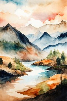 a watercolor painting of mountains, trees and a body of water with clouds in the background