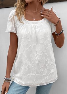 White Chiffon Short Sleeve Top, White Chiffon Blouse With Short Sleeves, Flowy Chiffon Short Sleeve Blouse, White Chiffon Casual Tops, Flowy Chiffon Blouse With Short Sleeves, White Casual Chiffon Top, Casual White Chiffon Top, Short Sleeve Chiffon Tops, Short Sleeve Chiffon Tops For Spring