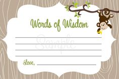 a card with a monkey hanging from a tree branch and the words word of vision on it