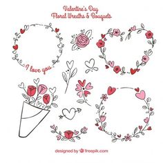 valentine's day floral wreaths and bouquets with hearts on white background freehand drawing