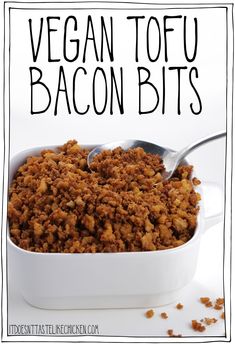 vegan tofu bacon bits in a white casserole dish with spoons