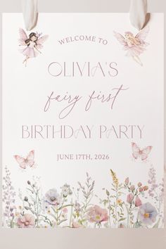 a sign with flowers and butterflies on it that says, welcome to olana's first birthday party