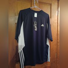 Top Is New With Tags, But Without Price Tag. Tag Reads That Size L Is 41-43" Chest, 34-36" Waist, 32" Inseam. 100% Polyester, Made In Thailand. Tag Reads Ats Money Ss. Located In A Smoke-Free Home. Adidas Navy Short Sleeve Tops, Adidas Navy Sports Top, Adidas Sports Shirt, Athletic Training, Football Tees, Training Tops, Adidas Hoodie, Striped Polo Shirt, Soccer Shirts