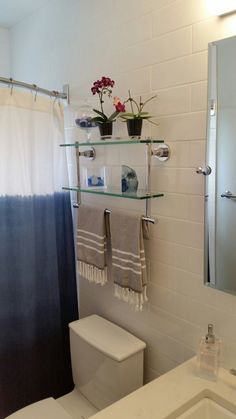 a white toilet sitting next to a sink under a bathroom mirror with shelves above it