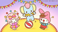 hello kitty and her friends playing with an inflatable ball