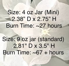 white flowers with the words size 4oz jar mini burn time 27 hours