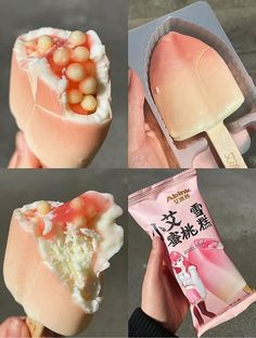 four pictures showing different types of food being held by someone's hand, including an ice cream sandwich with chickpeas in it