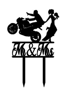 a silhouette of a man riding a motorcycle on top of a sign that says mr and mrs