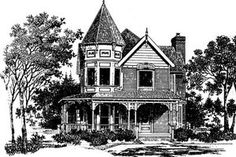 a drawing of a house with trees in the background