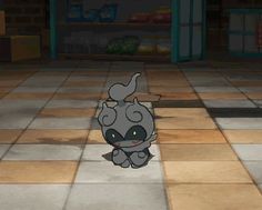 an animated character walking across a tiled floor