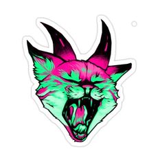 a sticker with an image of a wolf's head in neon green and pink