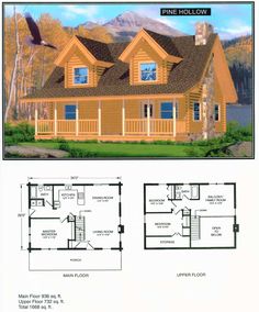 the floor plan for a log cabin home with two levels and an open living area