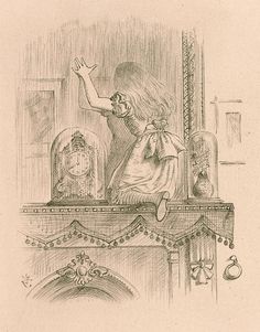 an old drawing of a woman reaching up to the clock on top of a mantle