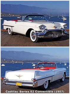 two pictures of classic cars parked on the pier