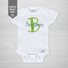 Initial Baby Onesie® personalized with baby's name custom made just for your little one in our Nashville studio! ► Sizing: We use only genuine Gerber onesies®. They tend to run small so we recommend sizing up if you are in doubt. (See size chart in listing photo.) ► Onesies ship the next business day after you order. ► Shipping is via USPS first class mail, but you can upgrade to Priority Mail or Express at checkout. ► Printing is done with water-based that has been certified by the ECO PASSPORT Name Onesie, Personalized Baby Onesies, Baby Birth Announcement, Personalized Initials, Color Swatches, Gender Neutral Baby, Baby Month By Month, New Baby Gifts, Kids Safe