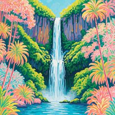 a painting of a waterfall surrounded by trees and flowers in the background is blue water