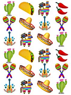 mexican food and sombreros are depicted in this pattern on a white paper background