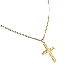 This cross pendant boasts a distinctive pattern and is adorned with 16 laboratory-grown diamonds arranged in the shape of a cross. Its minimalist style and unique details make it a standout piece. Available in gold and silver tones. Chain optional. ? | Necklace sold separately. | Dimension:16-18inch| Metal Purity: Hypoallergenic Metal And Lab-grown Diamond | Stone: White Lab-Grown-Diamonds | Color: D,E,F | Clarity: VVS | Carat Weight: 0.16 ct. | Carbon Emission: 0% Modern Gold Cross Jewelry, Luxury Diamond Cut Cross Pendant Necklace, Diamond Cut Cross Pendant Necklace, Elegant Cross Necklace With Box Chain, Yellow Gold Cross Jewelry With Box Chain, Carbon Emission, White Lab, Diamond Cross Pendants, Anniversary Jewelry