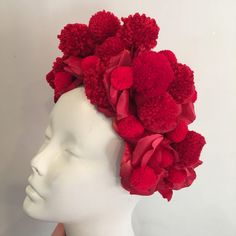 Mexican Headdress, Yarn Pom Poms, Music Festival Party, Pom Pom Headband, Rose Flower Crown, Flower Crown Headband, Lamb Decorations, Handmade Yarn, Red Headband