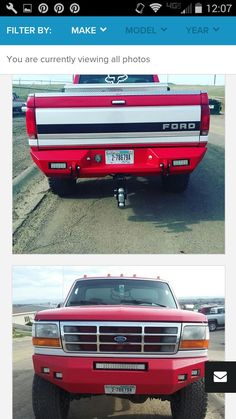 the truck is red and white with black stripes on it's hood, parked in a parking lot