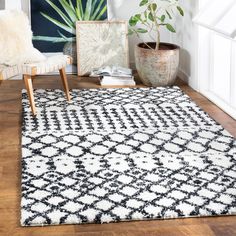 a black and white area rug on a wooden floor next to a potted plant