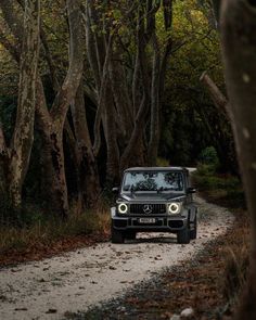 a black jeep driving down a dirt road next to lots of trees and leaves on the ground