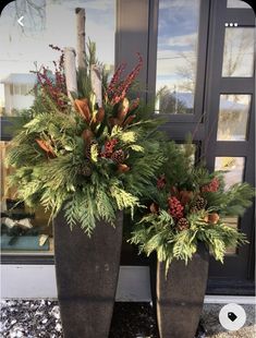 two large vases with plants and pine cones on the front door sill in winter