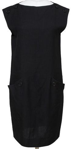 "GUARANTEED AUTHENTIC NINA RICCI VINTAGE BLACK SLEEVELESS DRESS Design: - Sleeveless shift style dress in a classic black color. - Crew neck. - 3 buttons on each shoulder. - Dual patch pockets with 2 buttons on each at hip. - Rear zipper closure. - Unlined. Size: XS, Tag Removed, Refer To Measurements Material: 78% Viscose, 22% Linen Measurements (Approximate Laid Flat): - Shoulder to Shoulder: 17.75\"  - Underarm to Underarm: 17.5\" - Total Length: 35\" (tip of rear neckline to bottom front center hem) To Our Customers: We consider it a privilege to serve as your luxury fashion concierge. Whether you are looking to buy that special one-of-a-kind item, (that no one else can find), scoring a spectacular deal on a pre-owned gem or updating your own style by consigning your items, please don' Sleeveless Dress Design, Nina Ricci Vintage, Nina Ricci Dress, Black Sleeveless Dress, Dress Design, Black Sleeveless, Dress Clothes For Women, Etsy Vintage, Classic Black