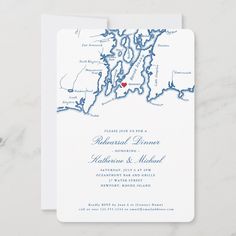 a wedding card with the map of rhode in blue and red on it's front