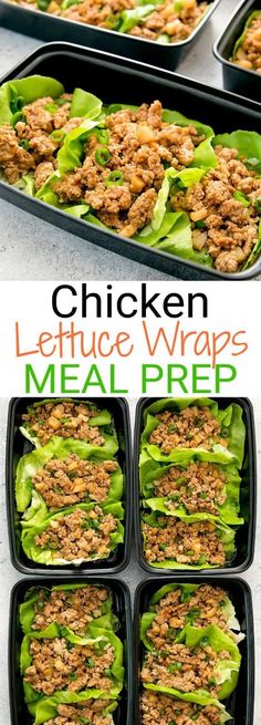 chicken lettuce wraps with meat prepped in black trays on a table