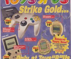 an advertisement for the toys r us s strike gold game system, with keychains and accessories