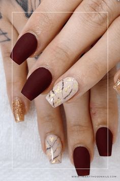 Matte Burgundy and Gold Nails Light Burgundy Nails, Burgundy And Tan Nails, Burgundy And Gold Nail Designs, Burgundy Nails With Gold Short, Maroon Nails With Gold Accent, Pink And Brown Nails Design, Dark Red Marble Nails, Burgundy Nails With Gold Glitter, Burgundy Nail Art Gold Accents