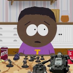 a cartoon character sitting at a table surrounded by toy army vehicles and soda cans in front of him